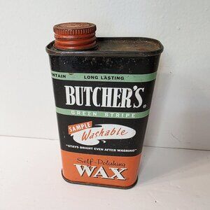 Vtg Can Butcher’s Green Stripe Self Polishing Wax 8 oz. Prop Empty Boston